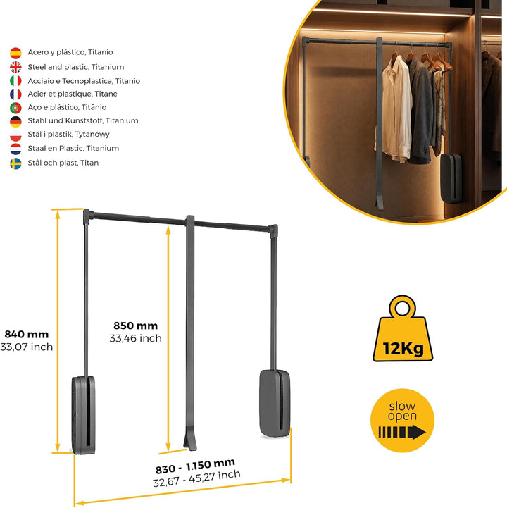 EMUCA Kleiderlift für Schrankbreite, kleiderschranklift, 830-1150mm breite regulierbar, Titanfarbe,