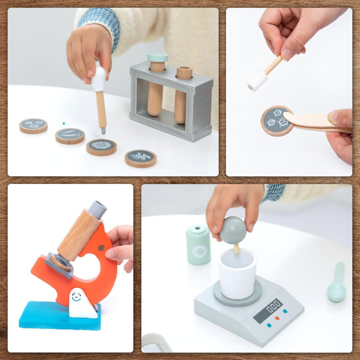 UMU® Kinder Holz Wissenschaftslabor Spielset mit Mikroskop, Reagenzgläsern u. v. m., Doktor Spielzeu
