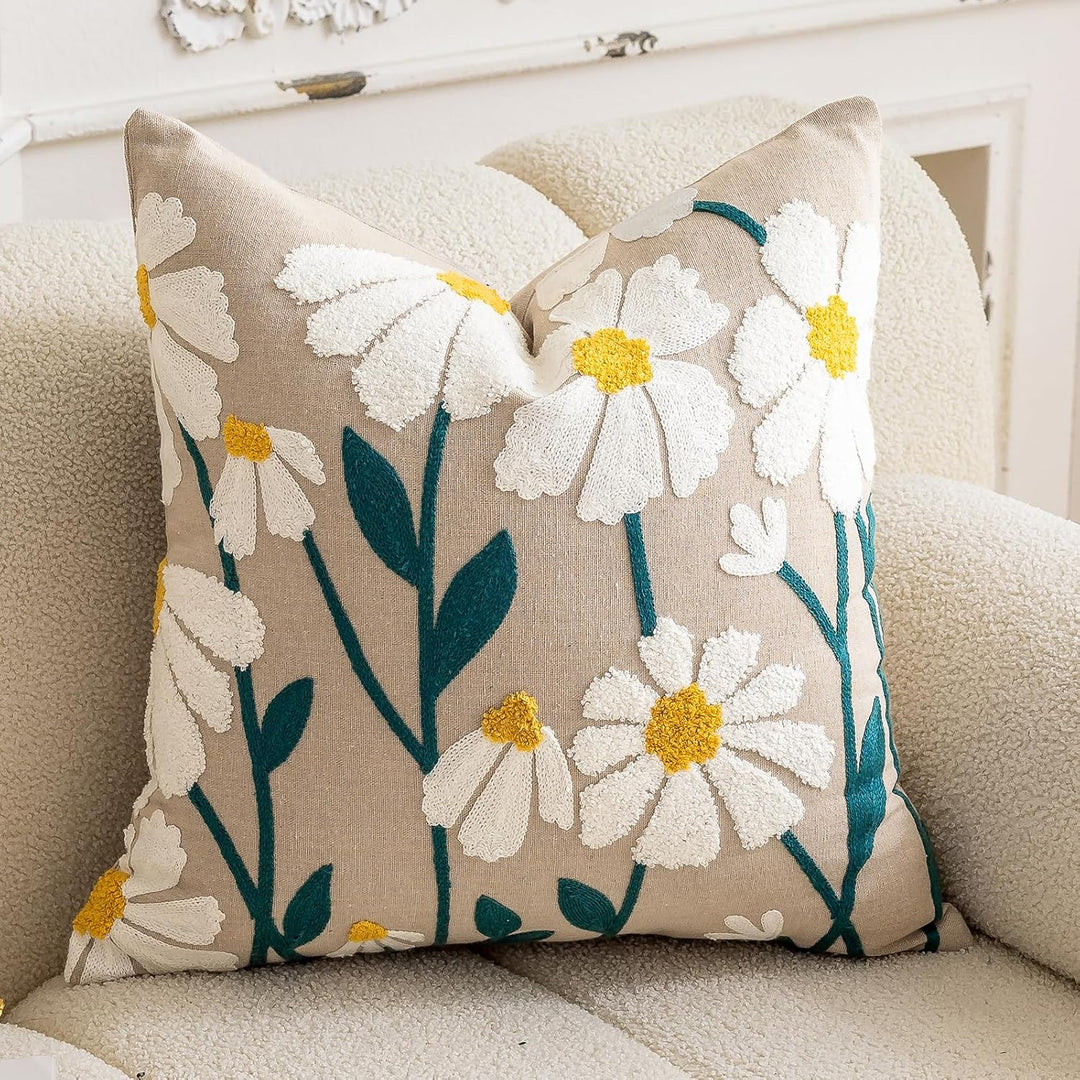 vctops Boho Kissenbezug mit Blumenmuster, getuftet, dekorativer Überwurf, botanisch bestickt, Baumwo
