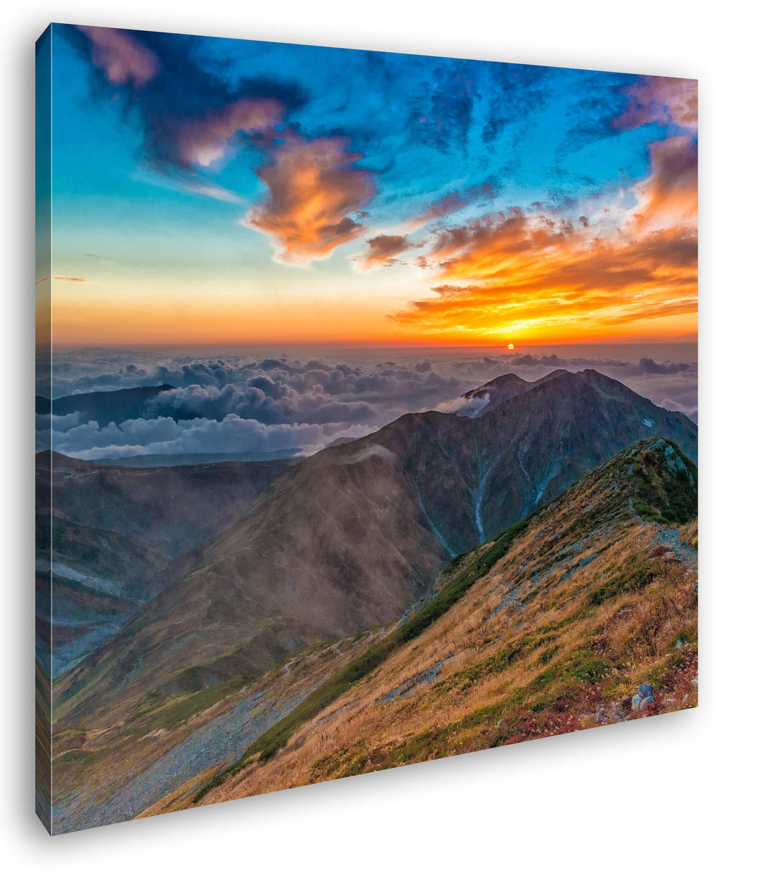 Farbenfroher Sonnenuntergang in den Bergen Format: 70x70 als Leinwand, Motiv fertig gerahmt auf Echt