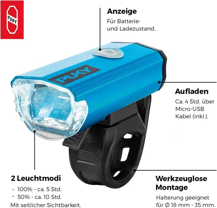 PUKY LUMI LED-Frontscheinwerfer & Rücklicht-Set | Seitliche Sichtbarkeit | Werkzeuglose Montage | Fü