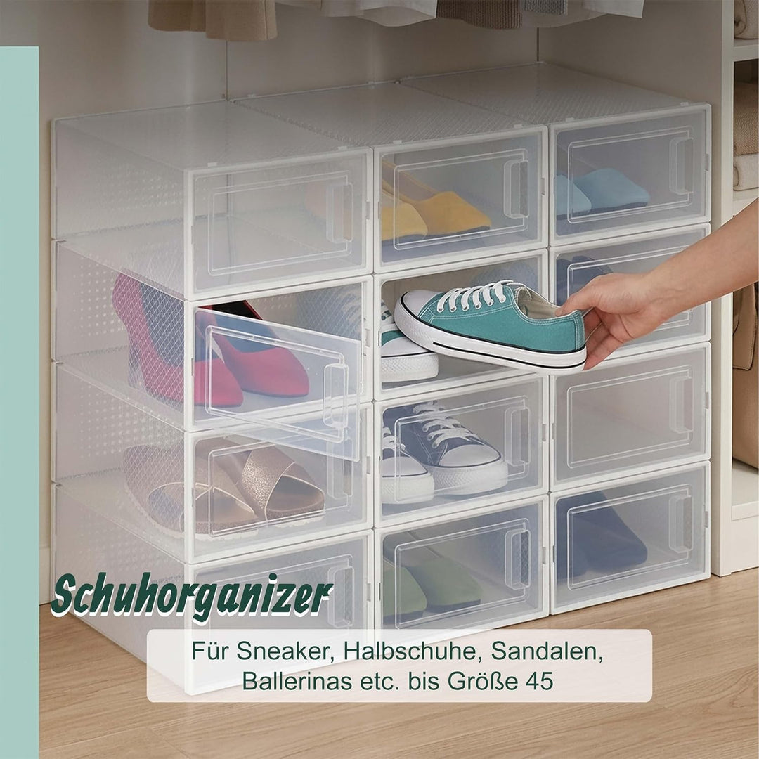 Relaxdays Schuhboxen 12er Pack, mit Tür, Schuhorganizer, stapelbar, Schuhe bis Grösse 45, Lüftungssc