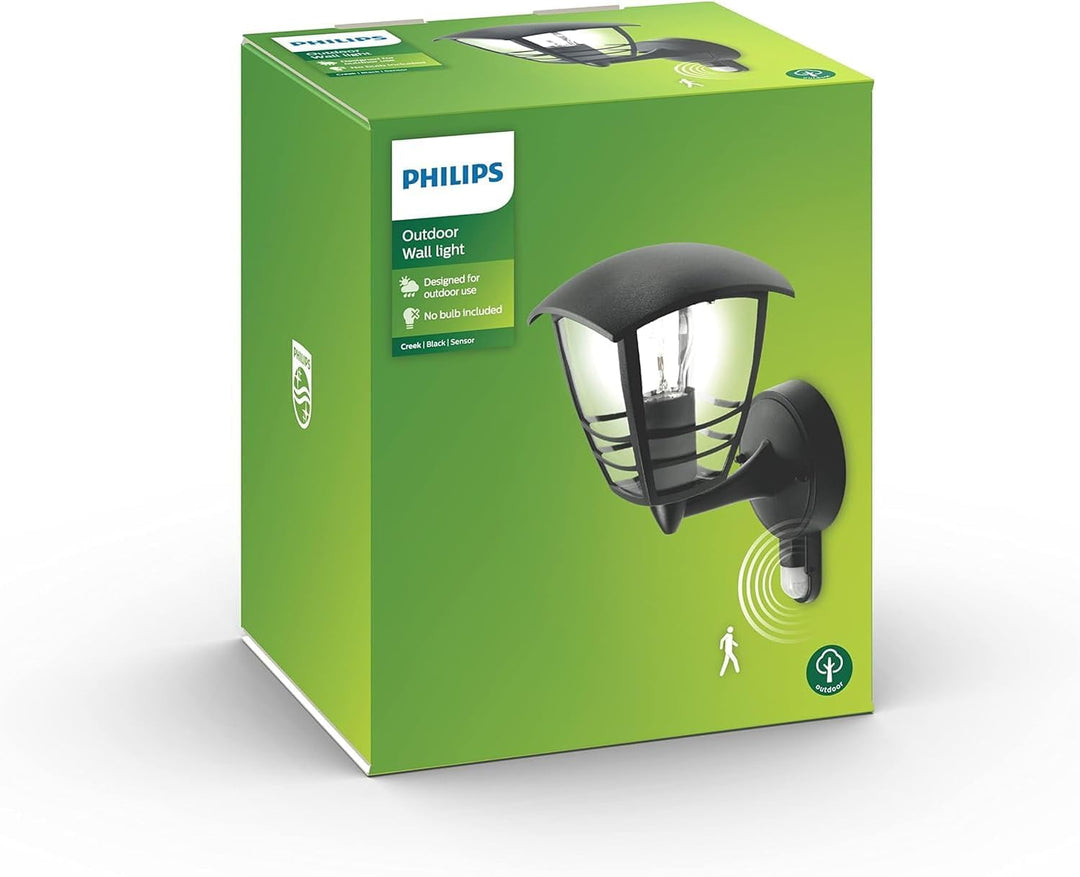 Philips myGarden Creek Aussenwandleuchte mit Bewegungsmelder, LED E27 Lampe, 60W, Schwarz, 28.5 cm S