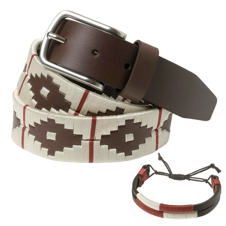 PELPE Argentinischer Ledergürtel mit passender Schnur und Lederarmband. Auf Leder gestickter Gürtel