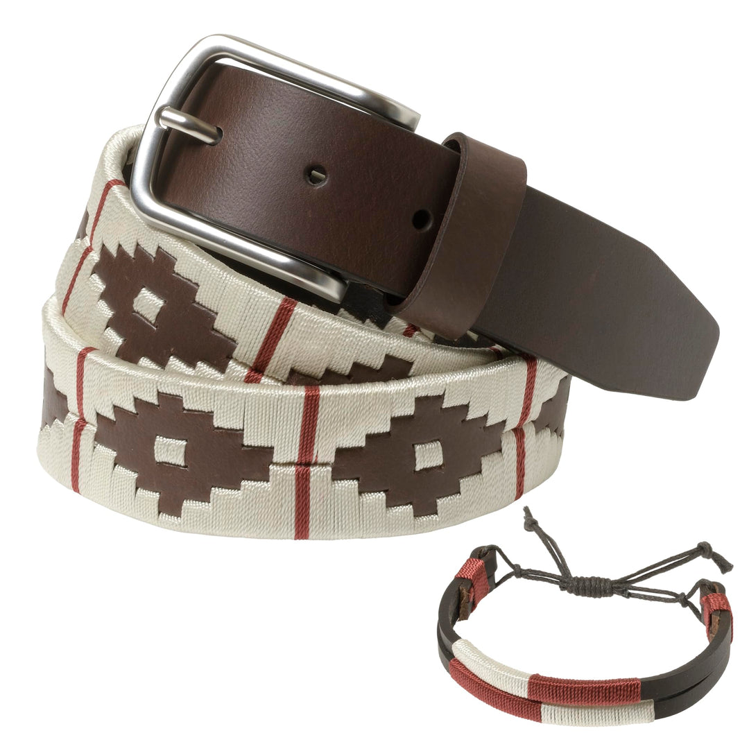 Argentinischer Ledergürtel mit passender Schnur und Lederarmband. Auf Leder gestickter Gürtel für Mä