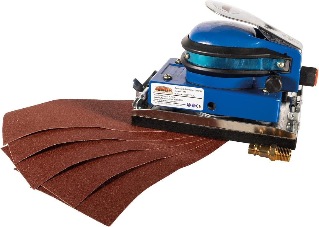 MAUK® Druckluft Schwingschleifer inkl. 5 Schleifpapier Pads & Kupplungsstück | Schleifmaschine Exzen