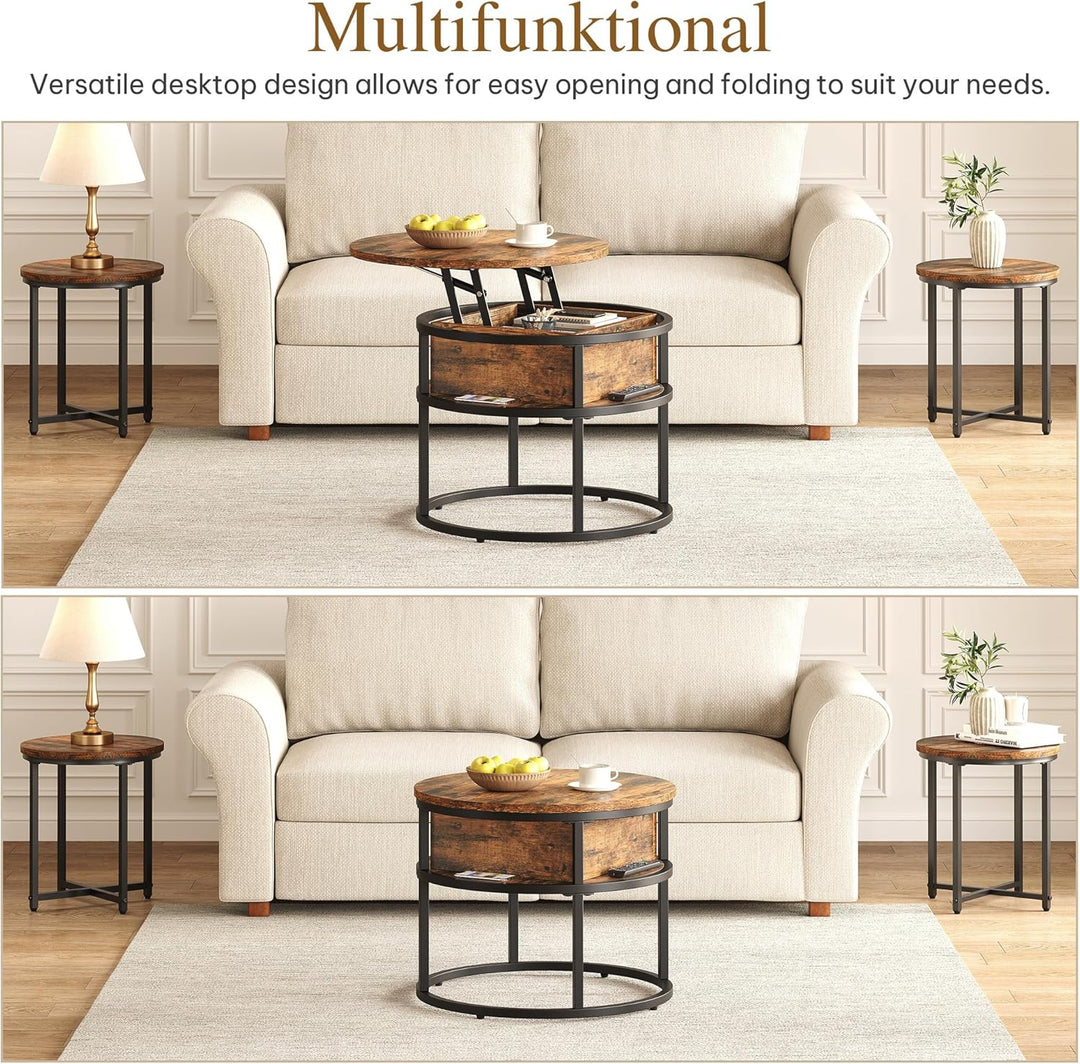 YITAHOME Couchtisch Rund mit Hebeplatte, Wohnzimmertisch Höhenverstellbar mit Stauraum 60x60x47cm, C