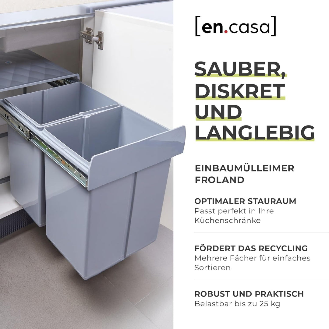 [en.casa] Einbau-Mülleimer Froland Abfallsortierer Ausziehbarer Müllsammler 2 Herausnehmbare Fächer