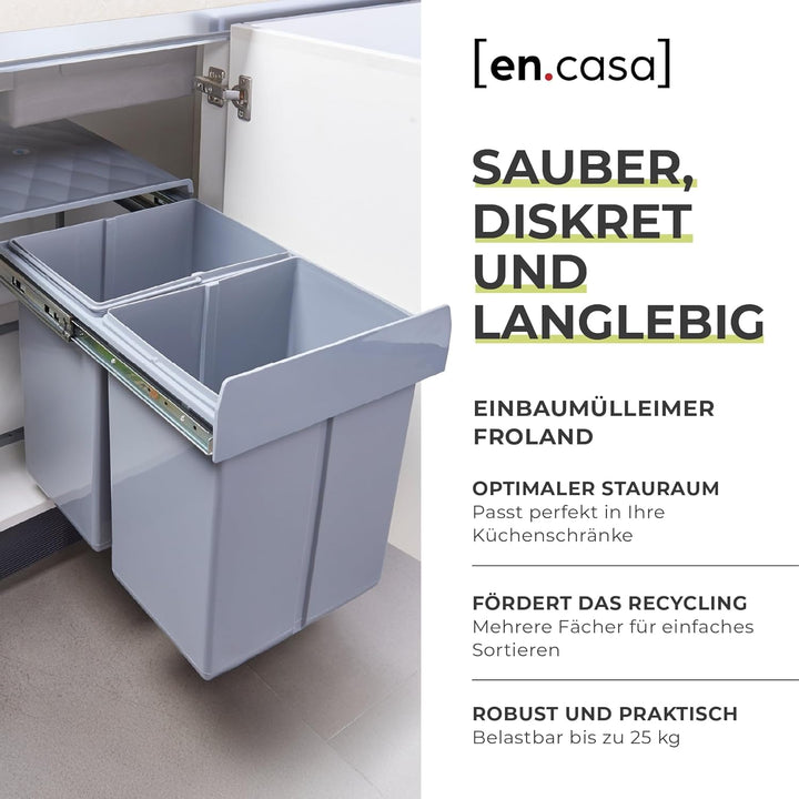 [en.casa] Einbau-Mülleimer Froland Abfallsortierer Ausziehbarer Müllsammler 2 Herausnehmbare Fächer