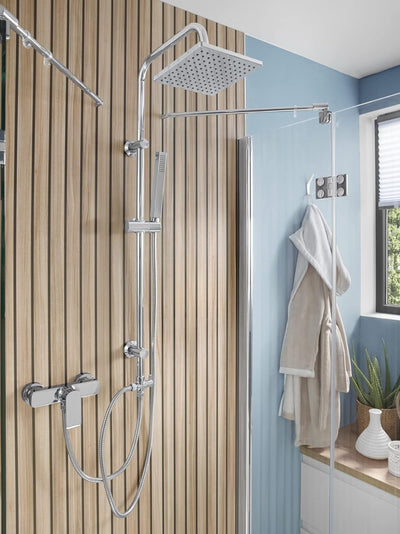 'aquaSu® Duschsystem Proda mit Regendusche & Handbrause eckig | Stab-Handbrause & Kopfbrause | je 1
