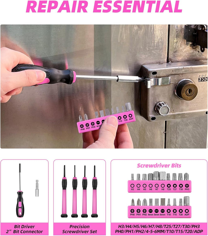 Werkzeug-Set, Pink, 40-teilig, allgemeines Haushalts-Handwerkzeug-Set mit Kunststoff-Werkzeugkasten,