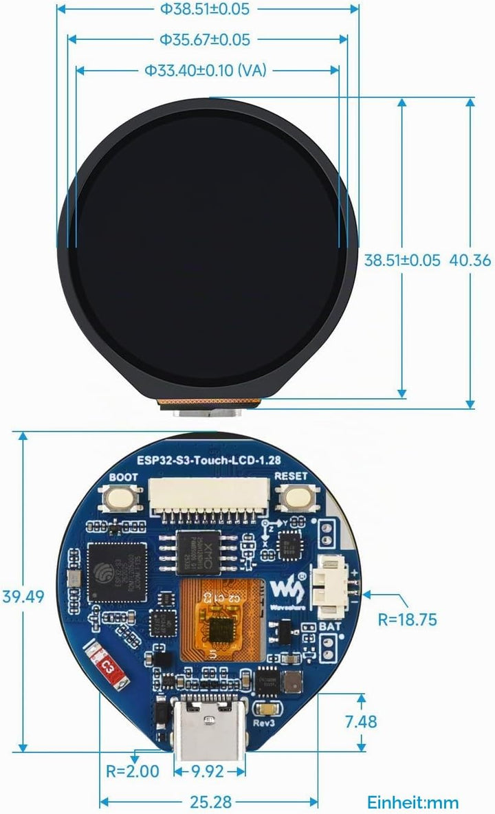 Waveshare ESP32-S3 Development Board, with 1.28inch Round Touch LCD, Compact Size, Accelerometer and