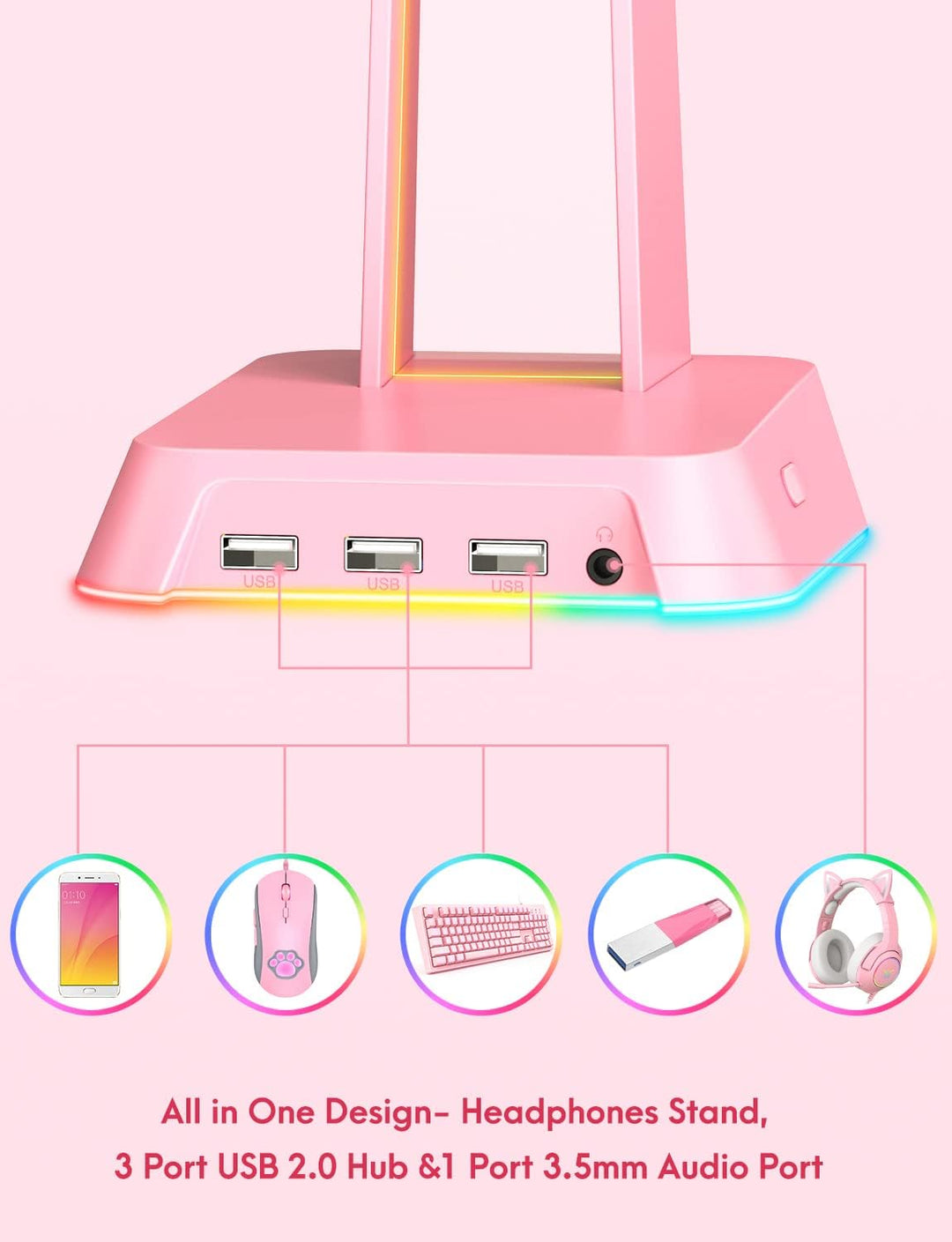 RGB-Kopfhörerständer mit 3,5-mm-AUX- und 3-Port-USB-2.0-Hub, universeller Gaming-Headset-Aufhängerha