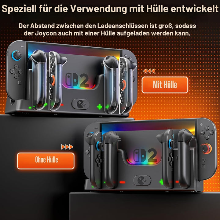 Wenocally Switch 2 Controller-Ladestation, Kompatibel mit Switch 2 Joy-Con,Joycon-Ladedock mit 6 RGB