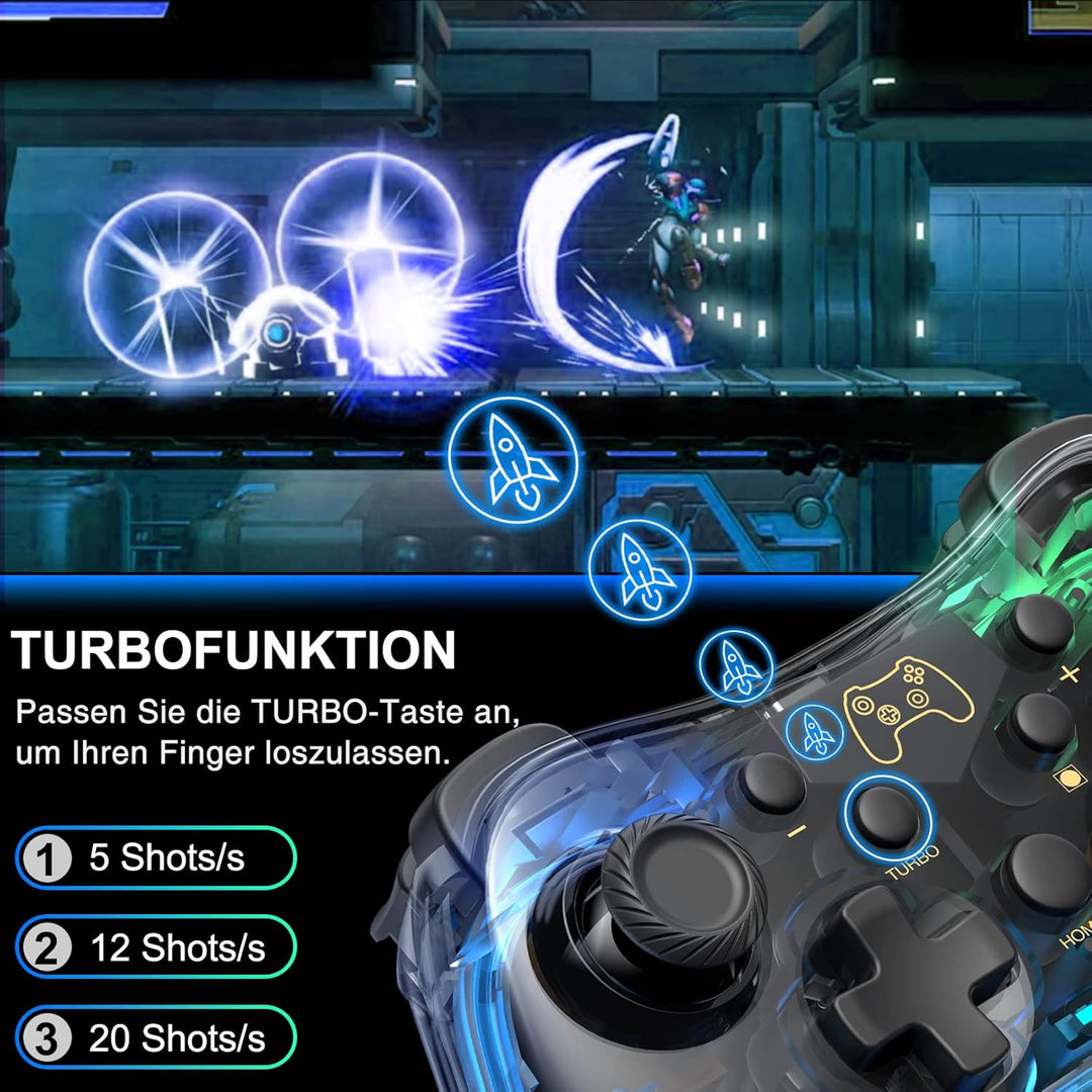 HASACOOL Switch Controller für Nintendo, Switch Controller mit Transparent/Leuchtend/Aufwecken/App-S
