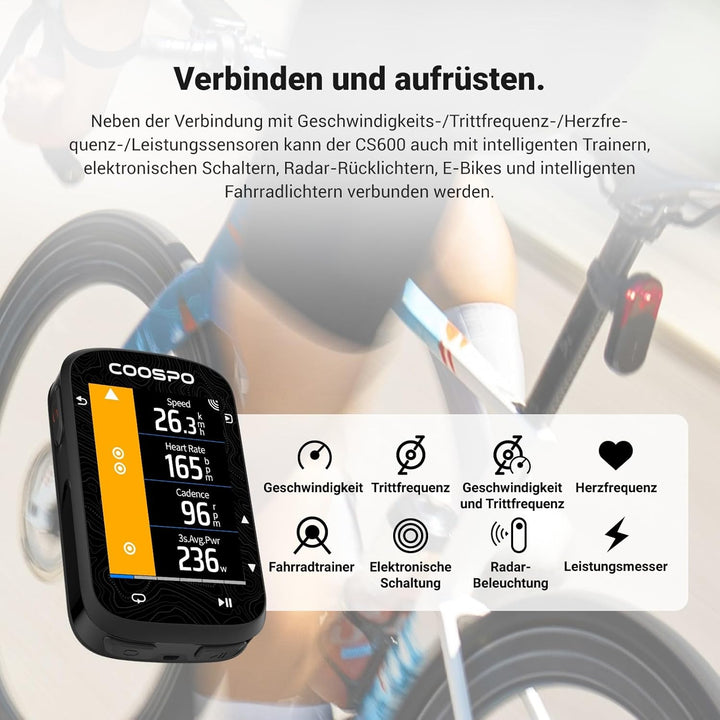 COOSPO Farbtouchscreen GPS Fahrradcomputer CS600, Wireless IPX7 Wasserfestes Fahrrad-GPS-Tachometer