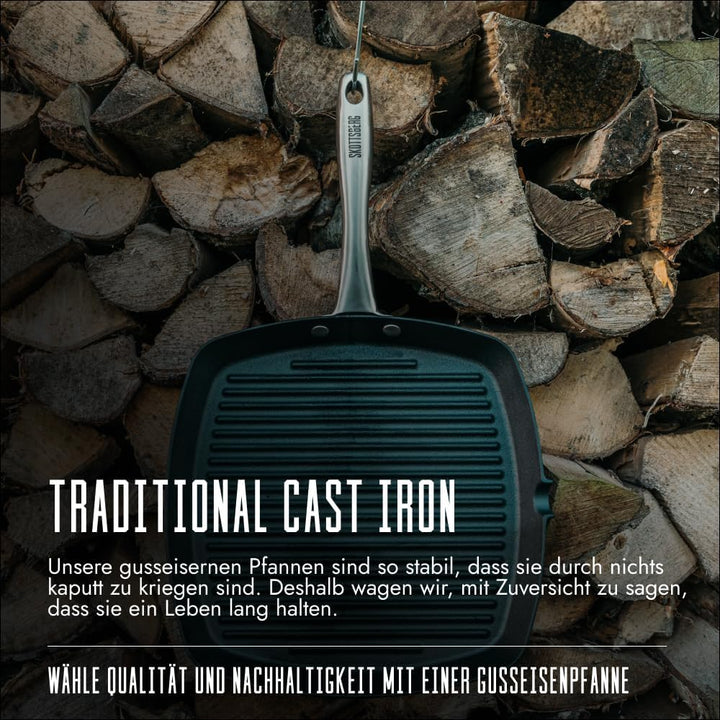 SKOTTSBERG Gusseisen Grillpfanne - 28×28 cm – vorgebrannt & PFAS‑frei, natürlich Antihaft - für Indu