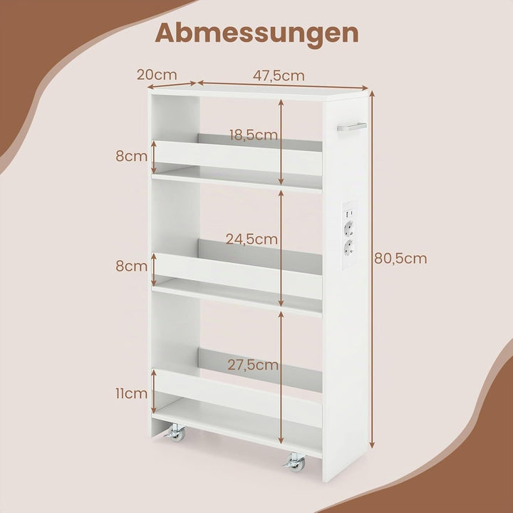 COSTWAY Nischenwagen 20cm breit, 4 Etagen Küchenwagen schmal mit Ladestation, Nischenregal auf Rolle