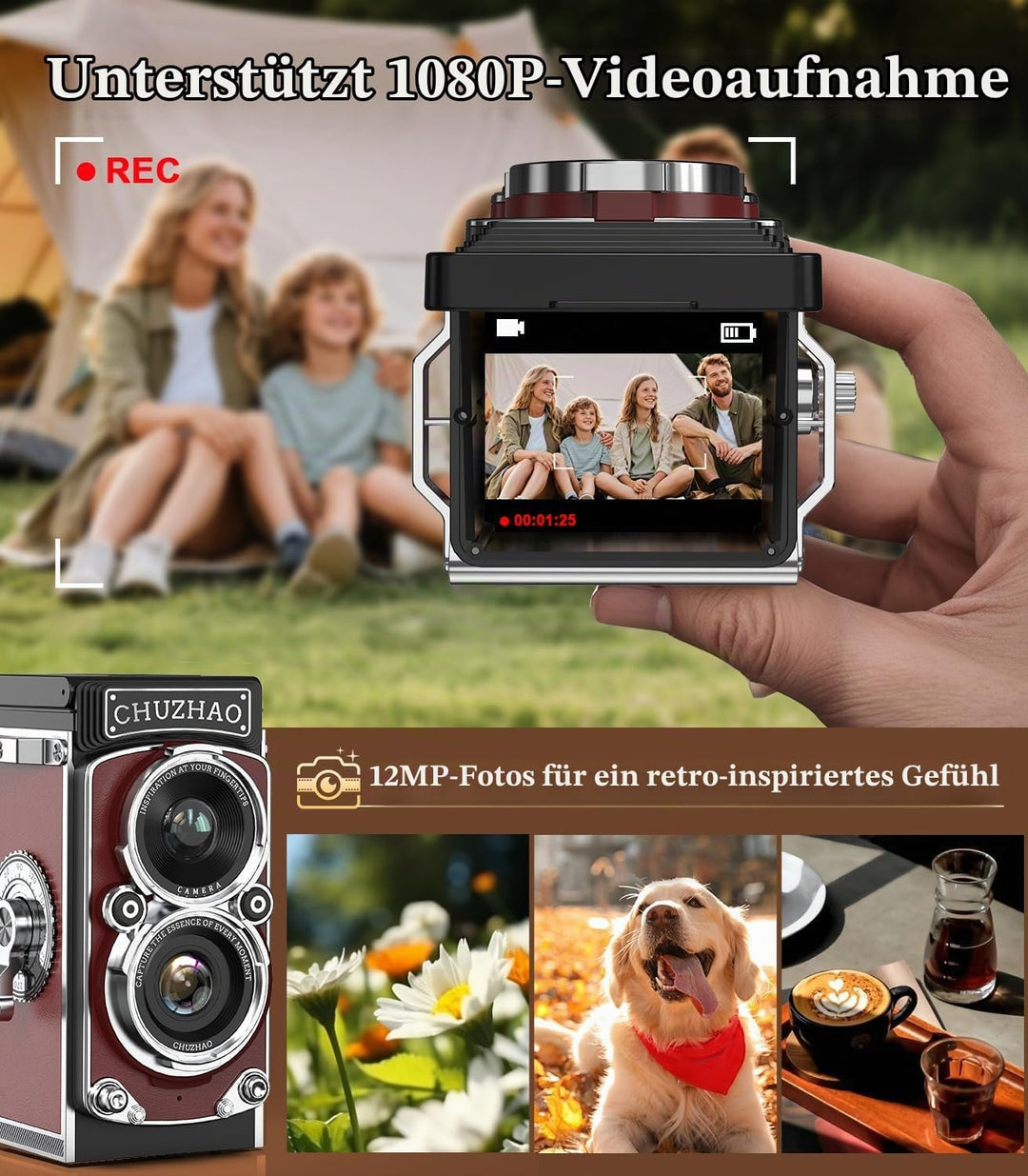 Retro Mini Digitalkamera, 1080P FHD Video Digital Retro Kamera mit 16GB Speicherkarte, 12MP Autofoku