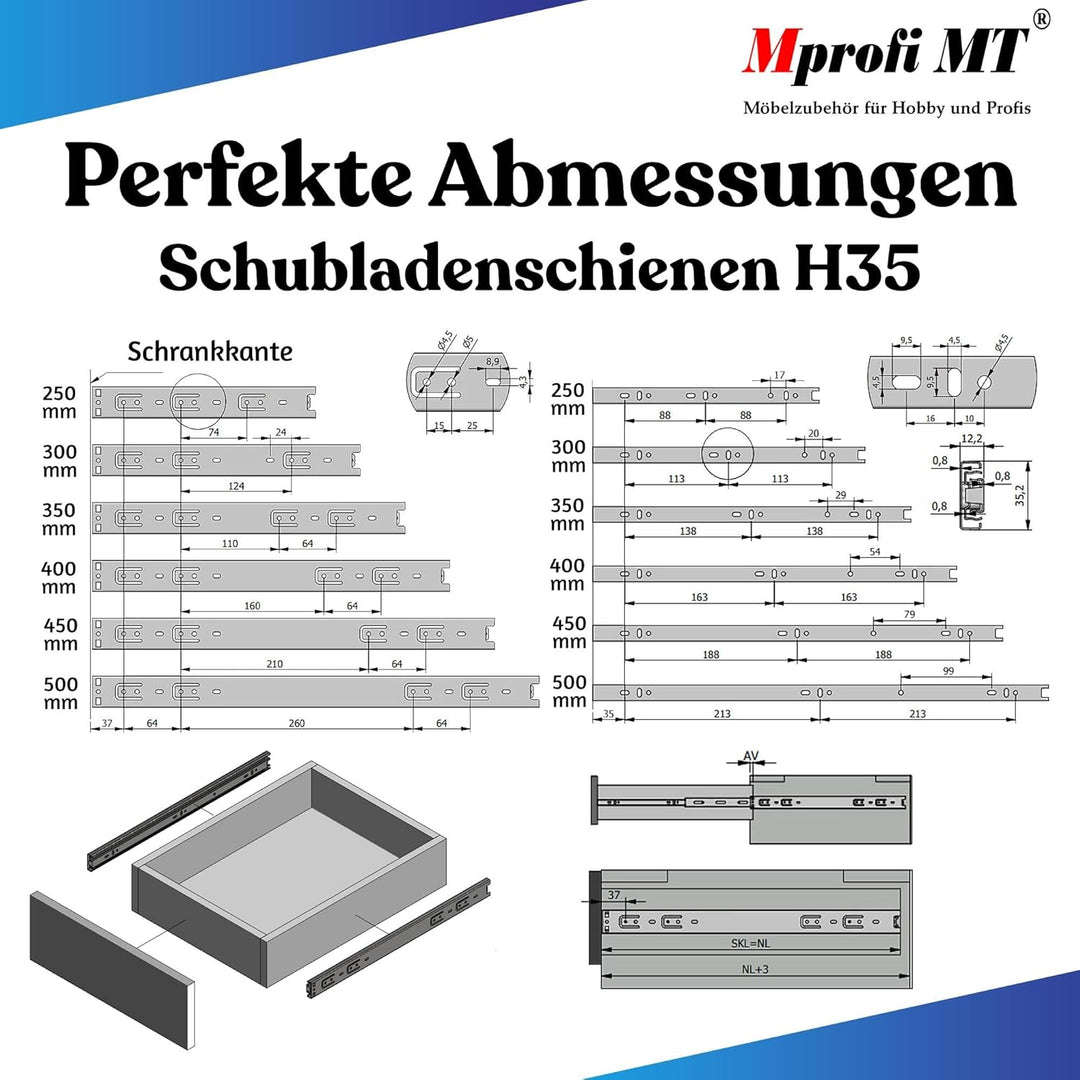 10 X Mprofi MT® (5 Paar) Schubladenschienen-Schubladenauszug-Schienen für Schubladen-Rollenauszug-Ku