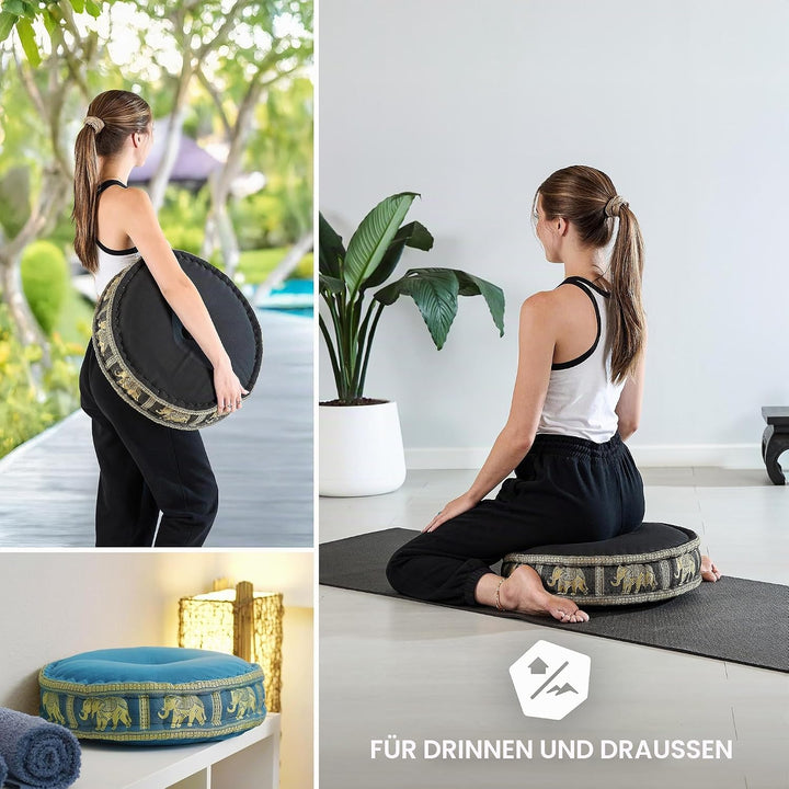 livasia Meditationskissen mit Thaiseide - Ø 45x15cm - Yogakissen mit Kapok, Pouf, Bodenkissen für Yo