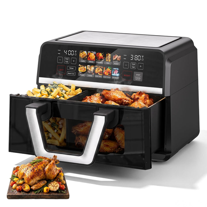 10-in-1-Luftfritteuse, 10.0QT Klarglas-Korbfritteuse, 360° Kochfenster, 2500 W präzise Heizung für g