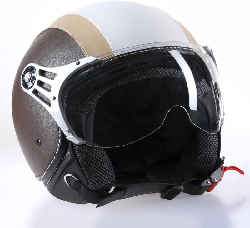 Motorradhelm Jethelm Rollerhelm CMX Chap weiss beige mit Leder braun in Grösse S