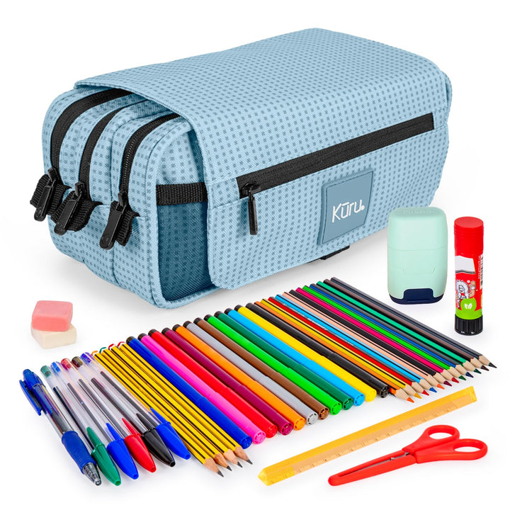 ColePack Kuru - Set aus Dreifach-Schulmappe mit 3 Reissverschlüssen und Schulbedarf der Top-Marken E