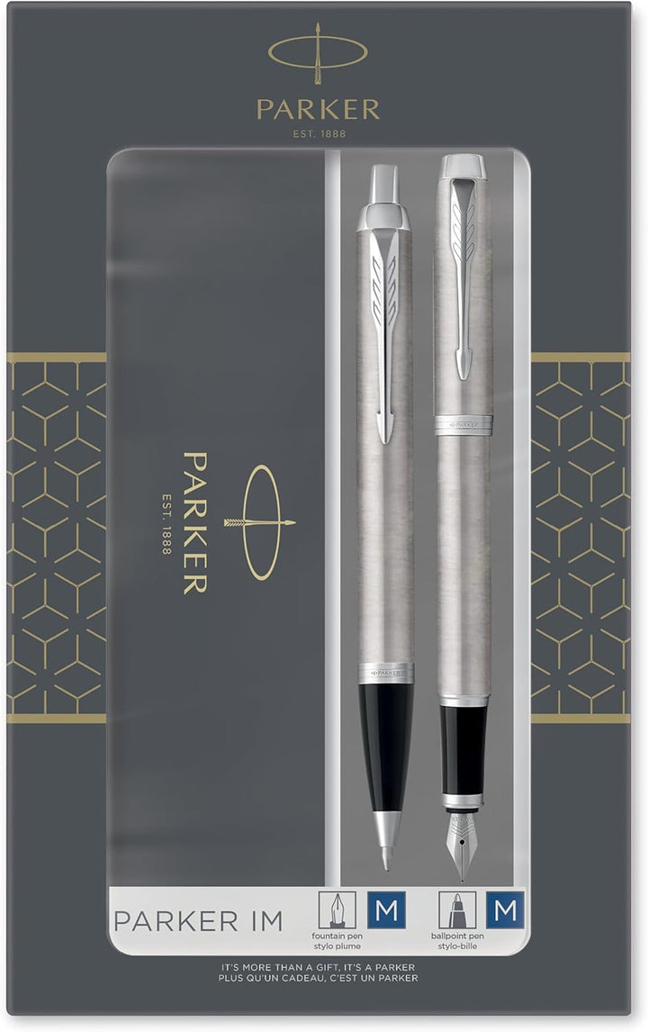 Parker IM Duo-Geschenkset mit Kugelschreiber & Tintenroller | Brushed Metal mit Goldzierteilen | Nac
