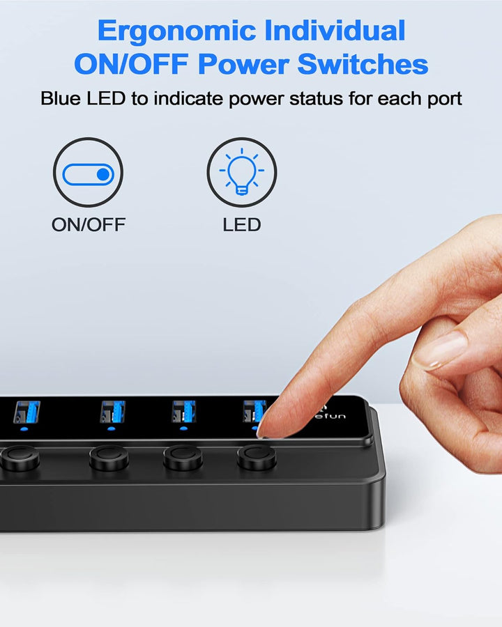 Qeefun Powered USB 3.0 Hub, 7-Ports USB Date Hub, 12V/2A 24W USB Extension Splitter und individuelle