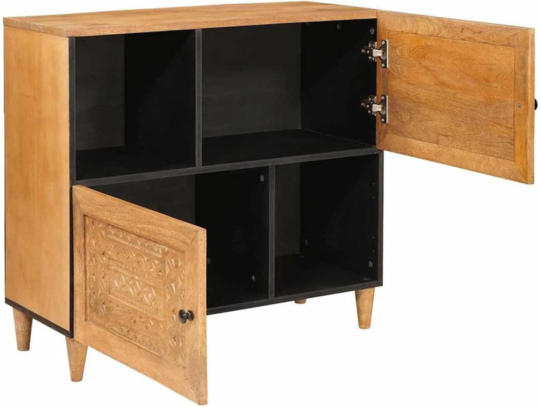 Homgoday Sideboard Hellbraun aus Massivholz Mango 33,5 x 80 x 75 cm, 2 Türen, für Wohnzimmer und mod