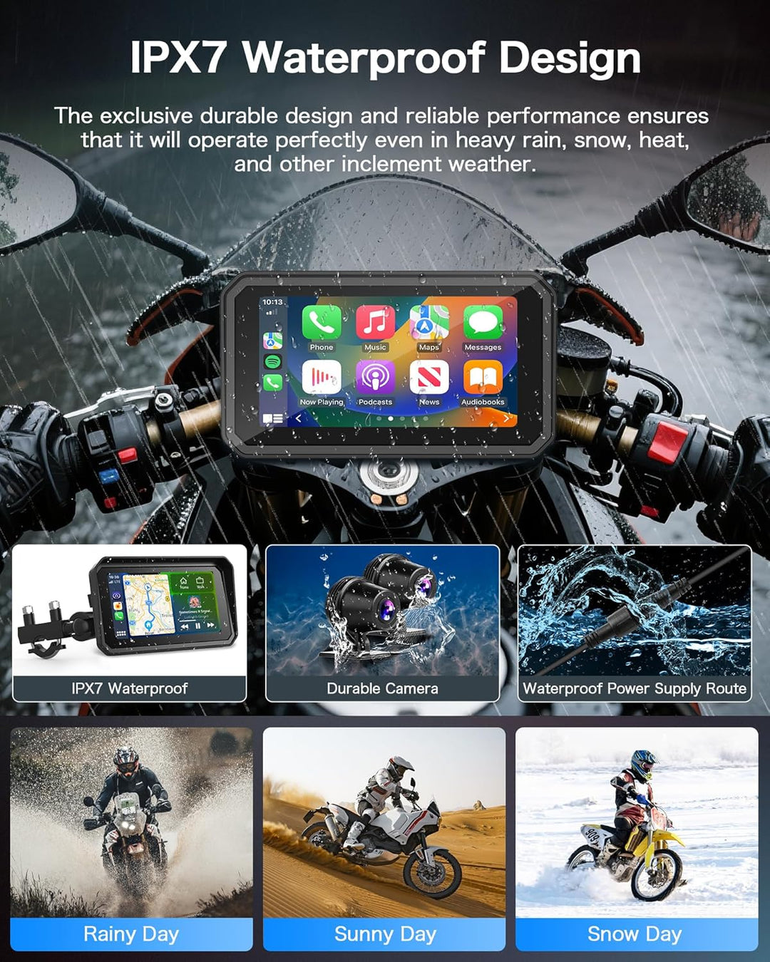 Jansite 4K Motorrad CarPlay Android Auto 6,25 Zoll Motorrad Navi mit Dashcam Vorne Hinten, IP67 Wass