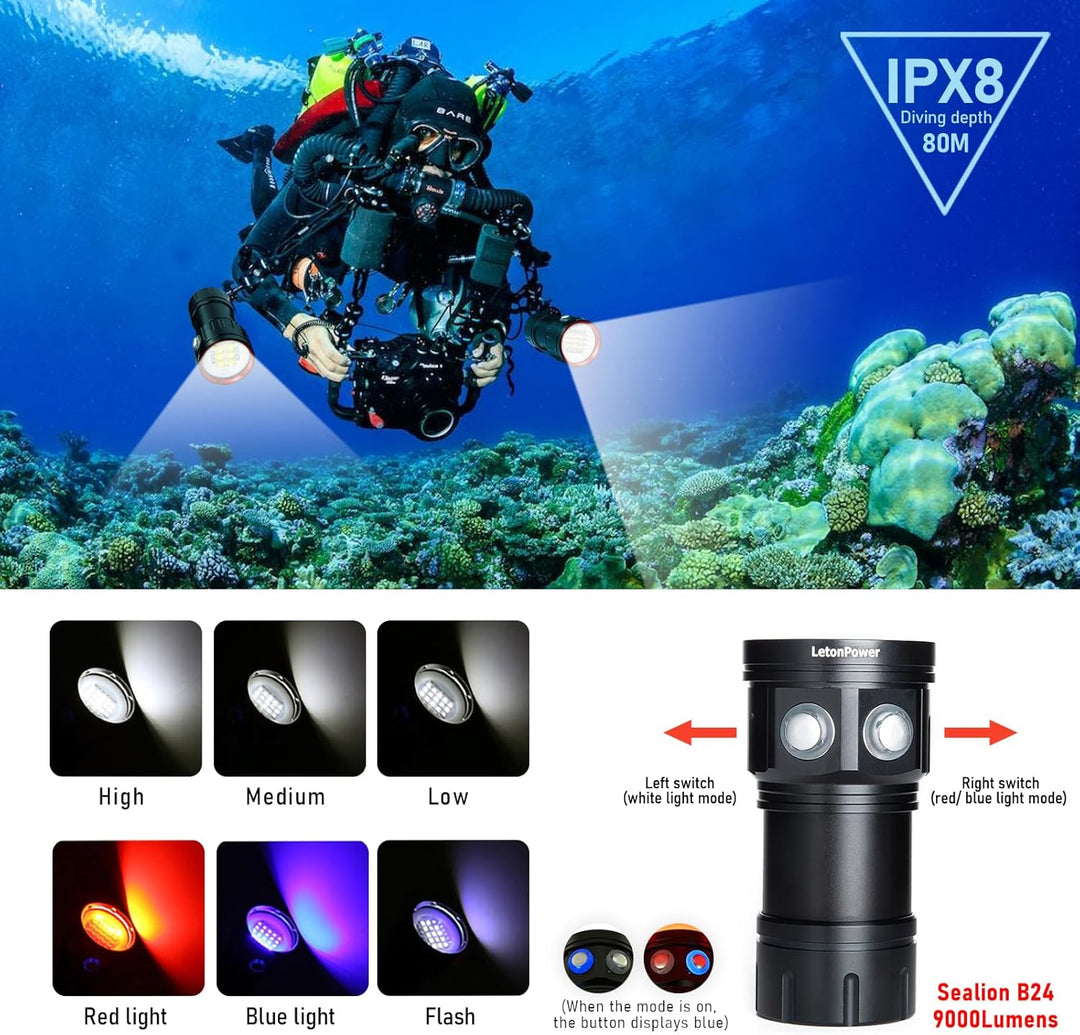 B24 Tauchen Taschenlampe,9000 Lumens Super Bright Underwater 80m Video Light, Scuba Dive Light, High