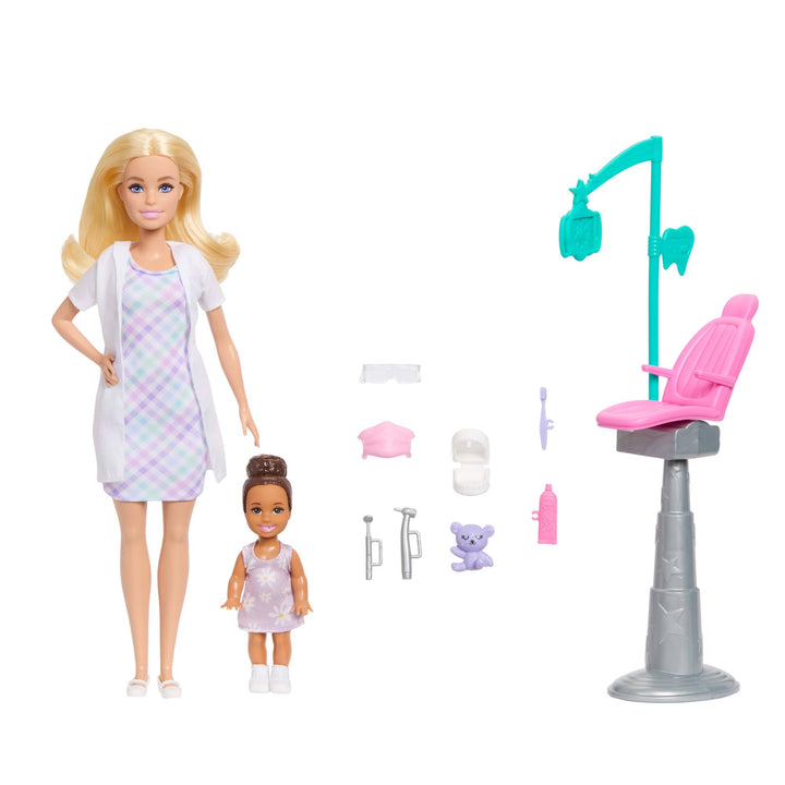 Barbie Karriere Zahnärztin-Spielset mit blonder Barbie-Puppe im Arztkittel, Kleinkind-Puppe, Behandl