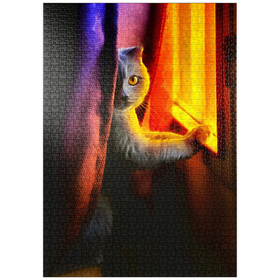 Süsse Katze im Nachtfenster - Premium 1000 Teile Puzzle - MyPuzzle Sonderkollektion von Puzzle Galax
