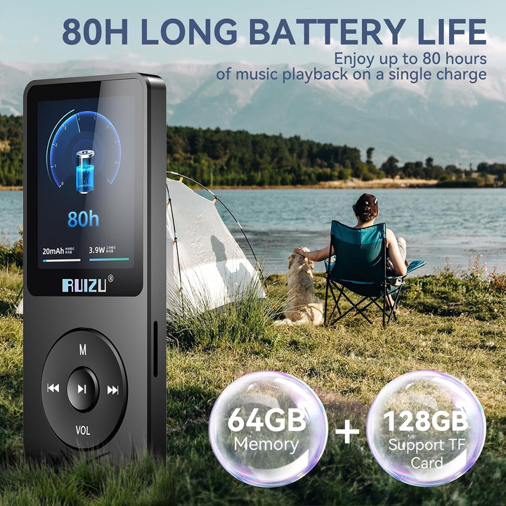 RUIZU MP3 Player 64GB Bluetooth 5.3 mit Tastensteuerung Schwarz, Schwarz