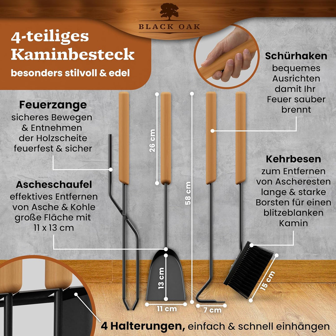 BLACK OAK Kaminbesteck DAVOS 5-teilig - edles & dekoratives Ofenbesteck Set schwarz mit Holzgriff 5