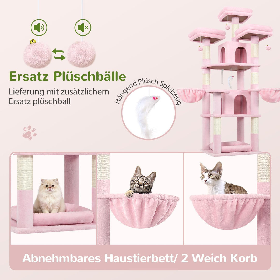 Globlazer Kratzbaum Rosa Stabil 174 cm mit 3 Gepolsterte Sitzstangen, 2 Katzenhaus, 2 Korb, Abnehmba