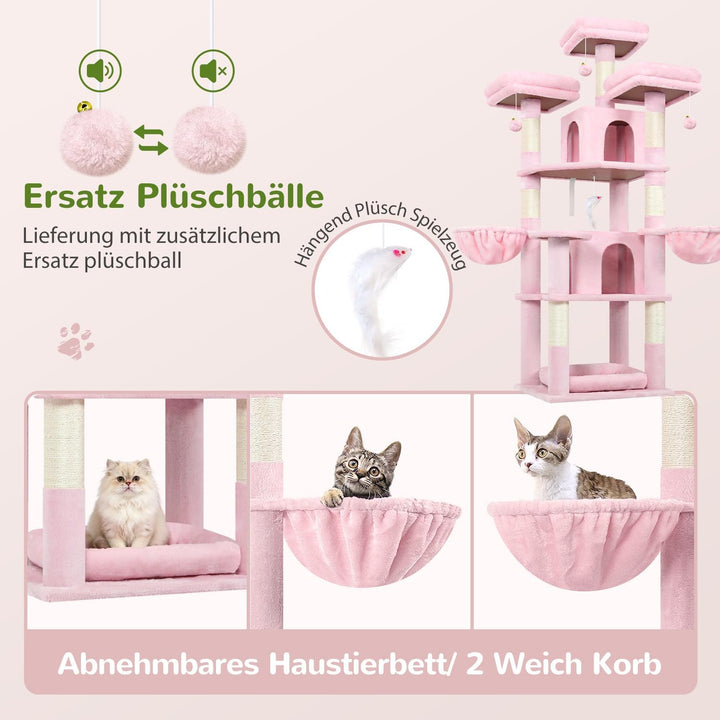 Globlazer Kratzbaum Rosa Stabil 174 cm mit 3 Gepolsterte Sitzstangen, 2 Katzenhaus, 2 Korb, Abnehmba
