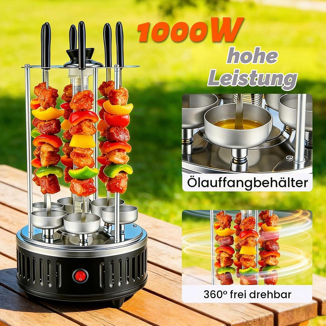 Elektrischer Schaschlikgrill für Balkon und Zuhause,1000W Vertikalgrill mit 12 Spiessen &amp; 2 Heizröhr