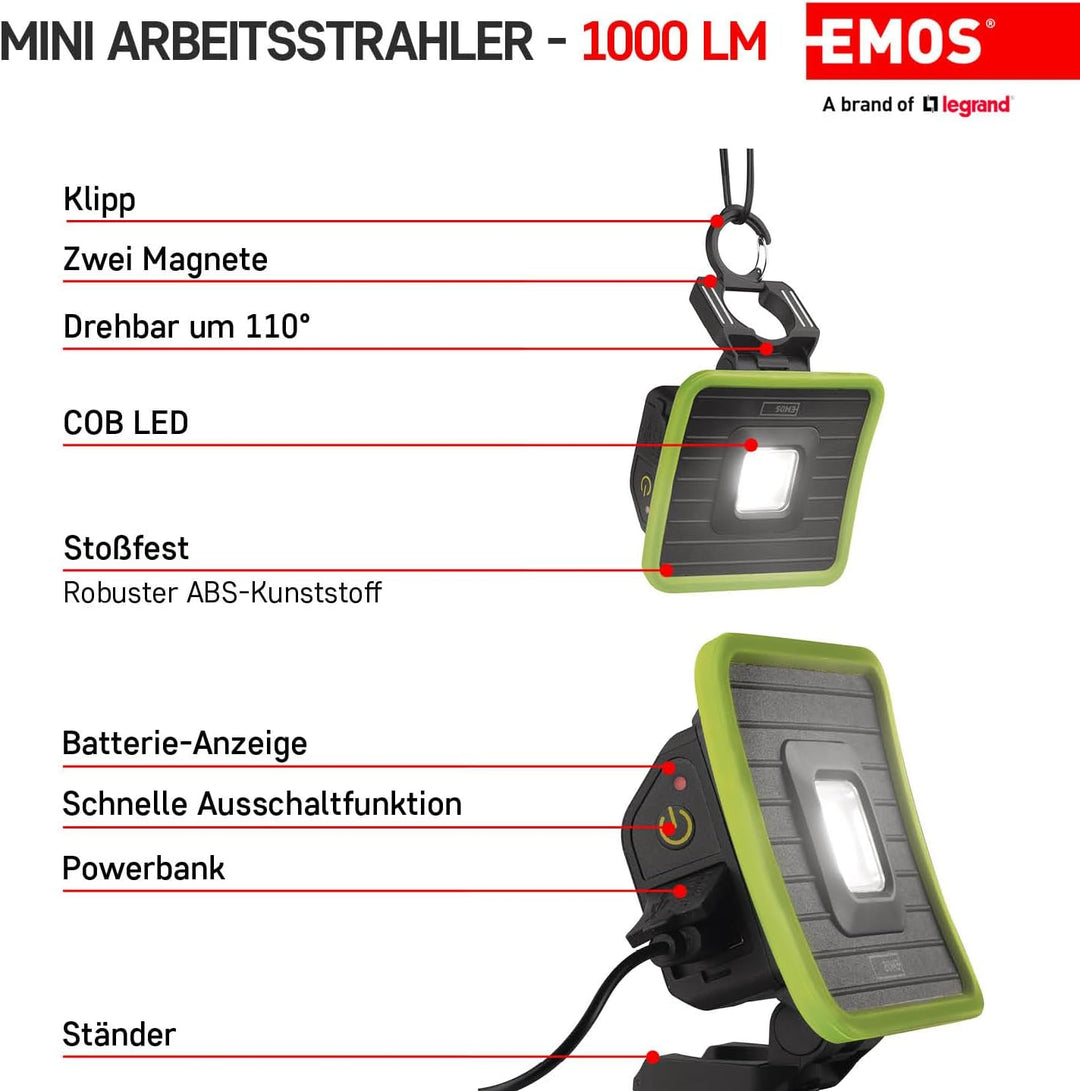 EMOS Mini-LED-Strahler, aufladbarer Baustrahler mit Powerbank, wasserdicht, max. 1000 lm, 40m Leucht