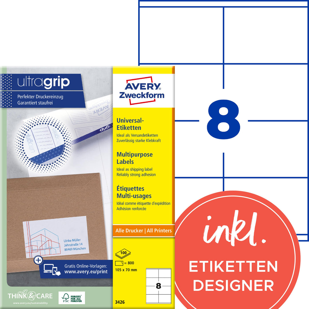 AVERY Zweckform 3426 Universal Etiketten (800 Klebeetiketten, 105x70mm auf A4, Papier matt, bedruckb