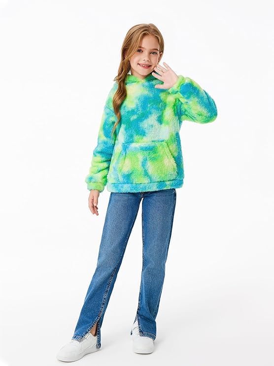 Haloumoning Kapuzenpullover Kinder Teddy Fleece Hoodie Tie Dye Warm Sherpa Sweatershirt Mädchen Jung