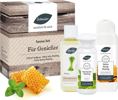 Saunabedarf Schneider - Sauna-Set für Geniesser - 250 ml Aufguss, 300 g Saunasalz, 250 g Sauna-Honig