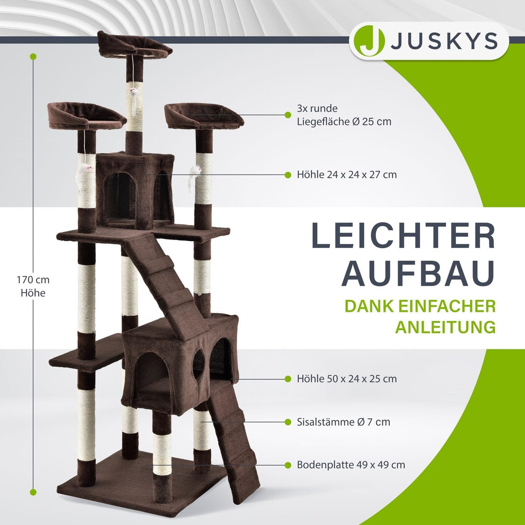 Juskys XXL Kratzbaum Amy braun — Katzenbaum mit Höhlen, Liegeflächen, Leitern & Sisal-Stämmen — Stab