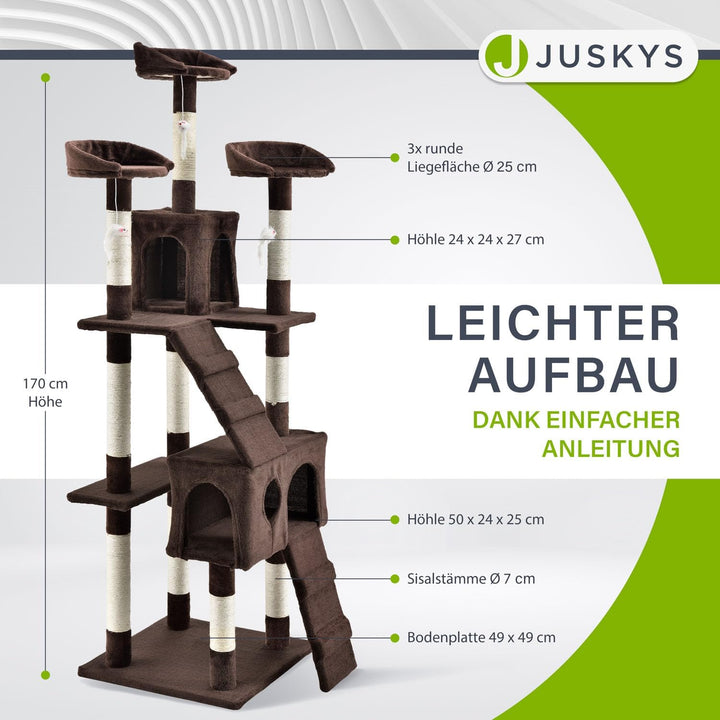 Juskys XXL Kratzbaum Amy braun — Katzenbaum mit Höhlen, Liegeflächen, Leitern & Sisal-Stämmen — Stab