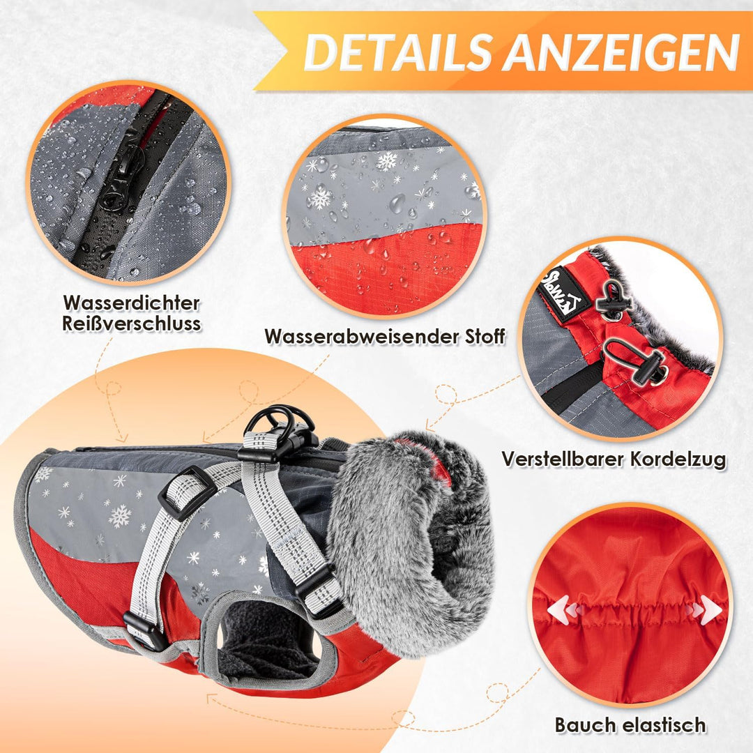 Eyein Hundemantel Winter mit Geschirr, Wasserfest Winddicht Reflektierend XS Rot, XS Rot