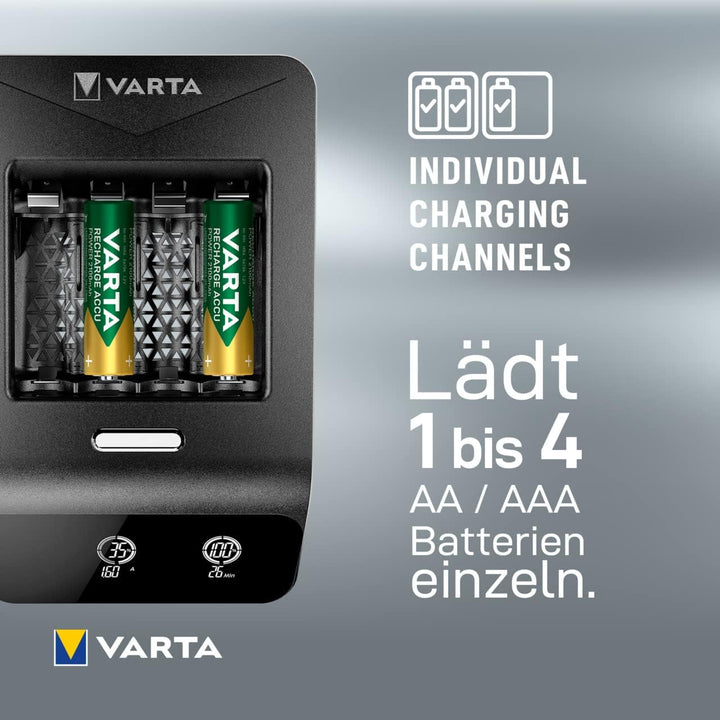 VARTA Akku Ladegerät, inkl. 4x AA 2100mAh, Batterieladegerät für wiederaufladbare AA/AAA, LCD Ultra