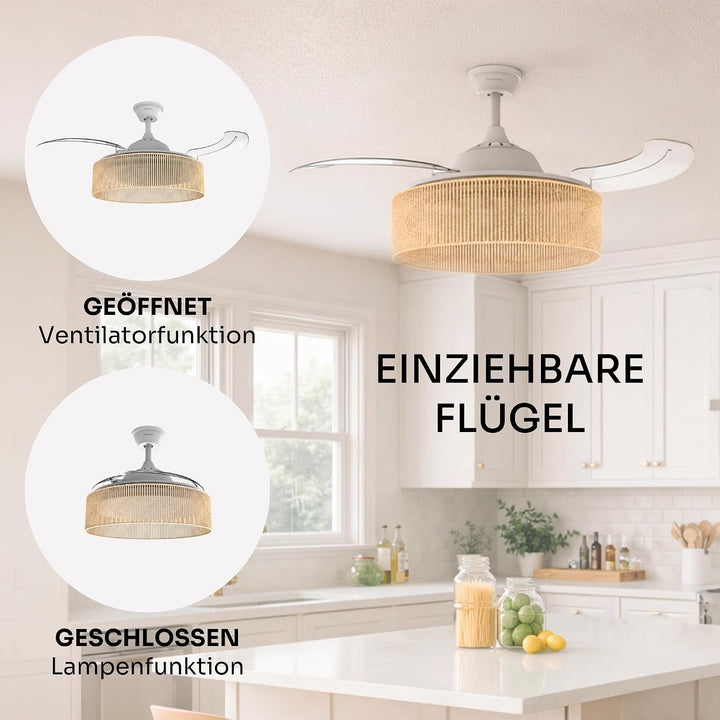 Mellerware - Deckenventilator mit Licht und Lampe Brizy Bright Rattan Sand | 3 Flügel | 106 cm Durch