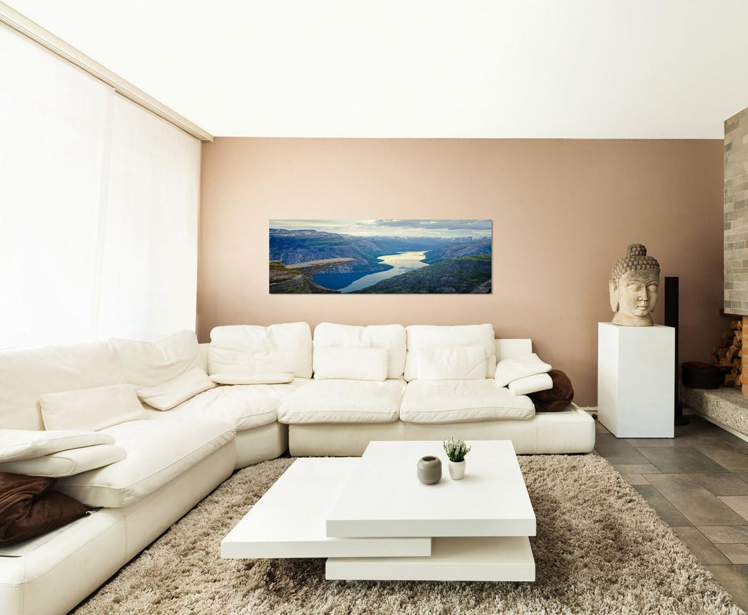 Paul Sinus Art Panoramabild auf Leinwand und Keilrahmen 150x50cm Norwegen Fjord Berge Fluss Natur
